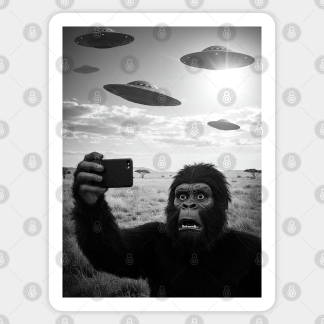Funny Scared Bigfoot Selfie with UFOs in African Savanna Sticker by Megadorim